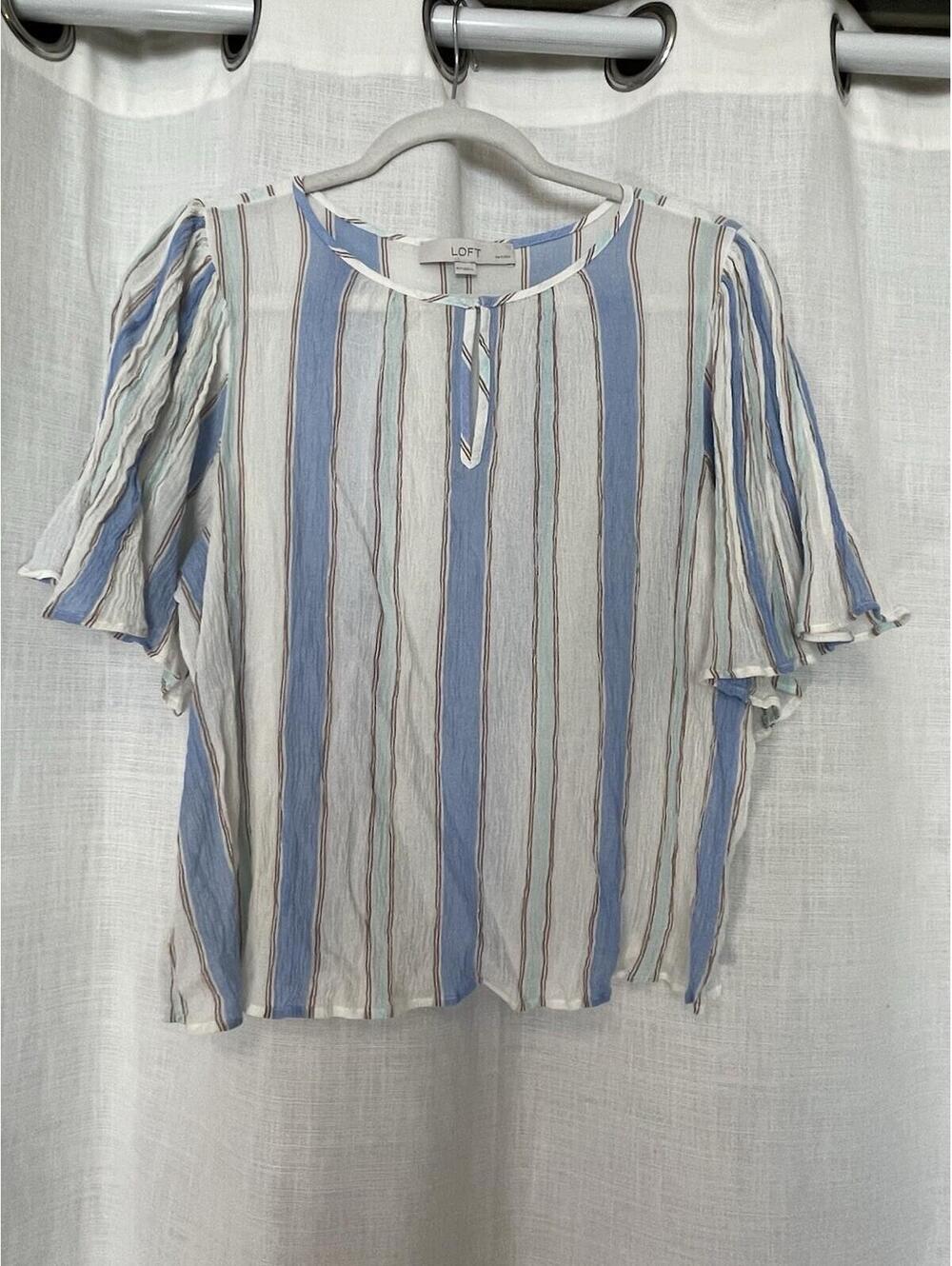 Loft Petite Stripe Blouse Keyhole Front Trumpet Sleeve Chic Classy XL